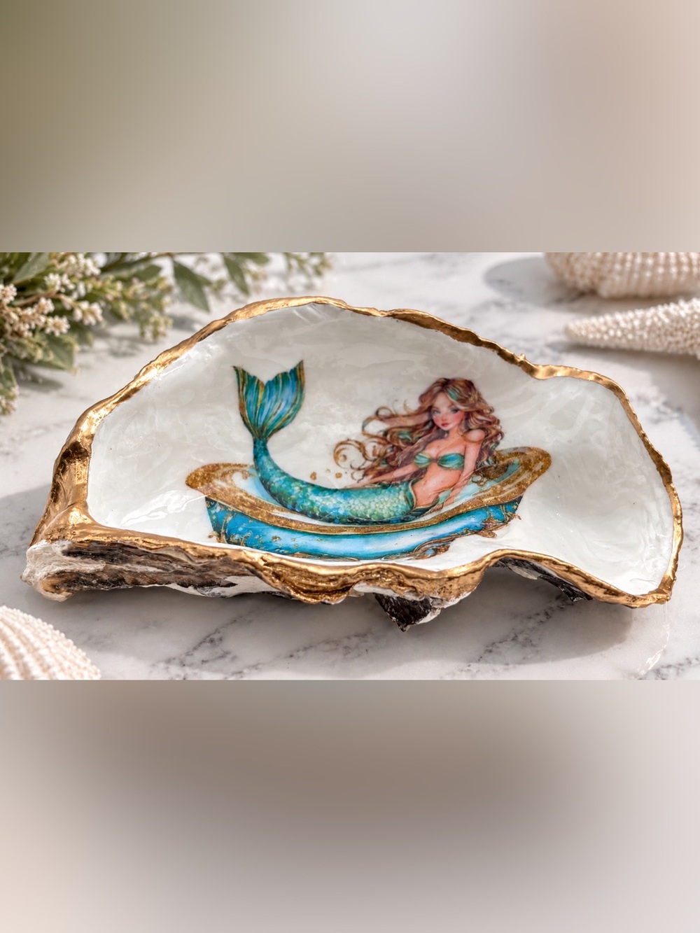 Mermaid Oyster Shell Decorative Dish - Teal and Gold